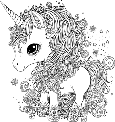 Cute Detailed Unicorn Coloring Page